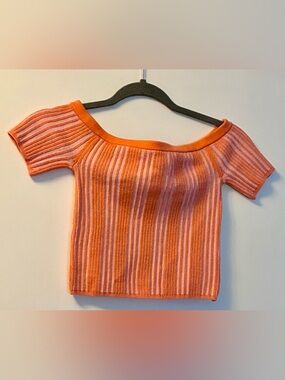 aerie Coral and Lavender Ribbed Off-Shoulder Top xs